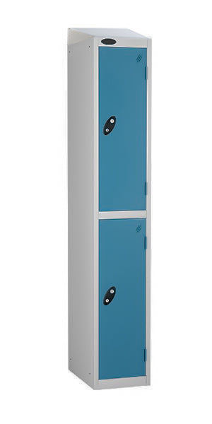 two door steel locker blue doors sloping top