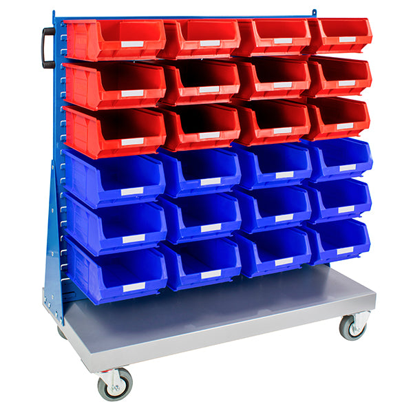 Mobile Small Parts Trolley with Red and Blue Small Bins 