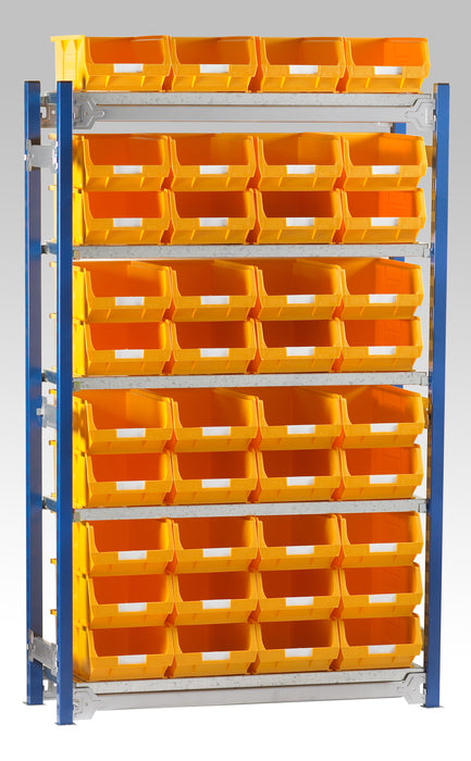 Single starter bay shelving kits for small parts bins in yellow