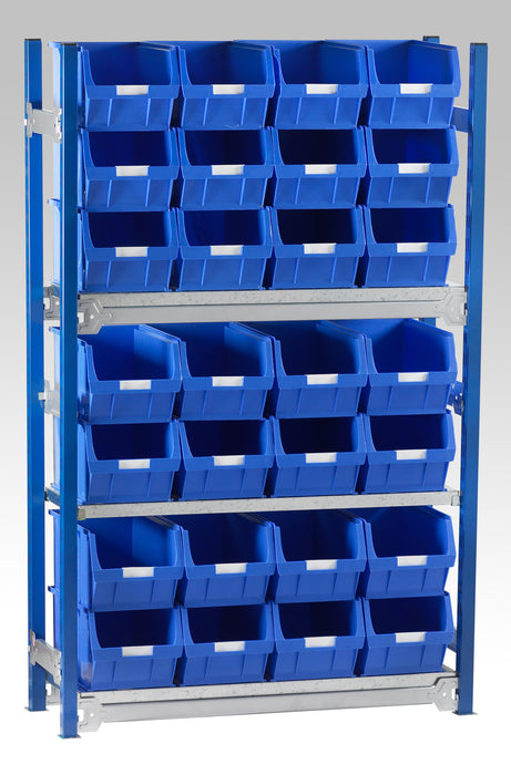 Single starter bay shelving kits for small parts bins in blue