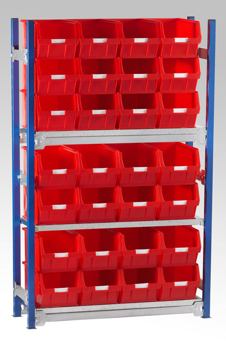 Single starter bay shelving kits for small parts bins in red