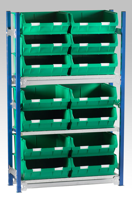 Single starter bay shelving kits for small parts bins in green