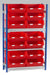 Single starter bay shelving kits for small parts bins in red