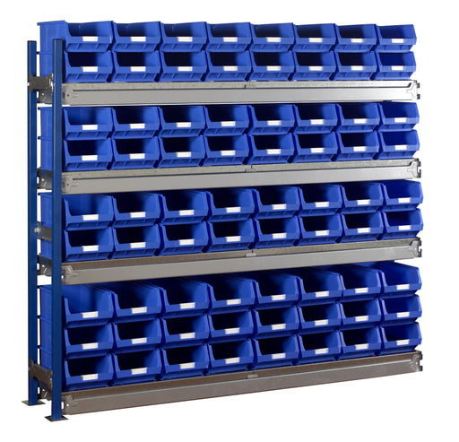 small parts shelving bay blue bins