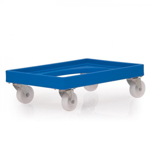 Euro sized blue heavy duty plastic dolly with castors