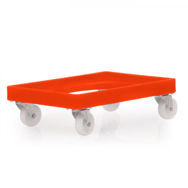 Euro sized orange heavy duty plastic dolly with castors