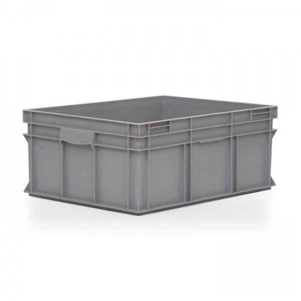 Grey Euro-norm stacking box designed to save space