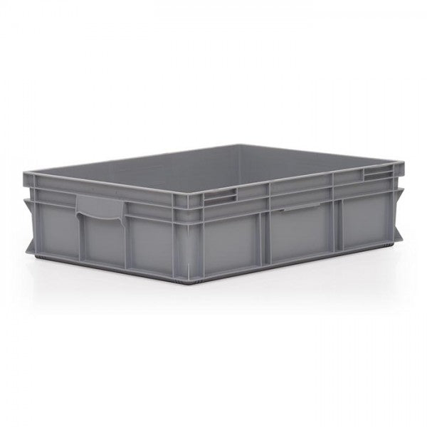 Grey Euro-norm stacking box designed to save space