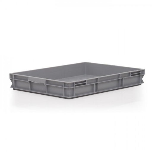 Grey Euro-norm stacking box designed to save space